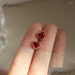 Stud Earrings Metiseko 925 Sterling Sier Plated 14K Gold Ruby Colour Heart Shape Zircon Elegant For Women Girls Party Drop Delivery Jew Oth5B