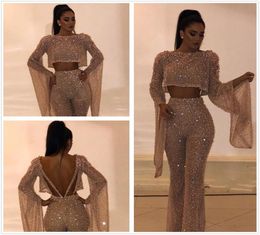 2019 Sequined Two Pieces Prom Dresses Sheath Long Sleeves Jumpsuit Plus Size Formal Dresses Party Evening Gowns Pants Suits BC02404010906