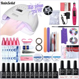 Kits Manicure Kits 12Pcs With 72W UV /LED Lamp Dryer Set Glitter Hybrhid Varnish Base Top Coat Soak Off UV Nail Art Gel Polish