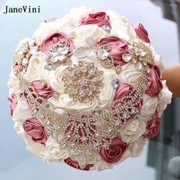 Wedding Flowers JaneVini 2024 Elegant Nude Pink Ribbon Luxury Rhinestones Bridal Brooch Bouquets Artificial Satin Roses Bouquet