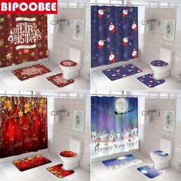 Shower Curtains Merry Christmas Bathroom Set Fabric Santa Claus Elk Bells Anti Slip Bath Mat Toilet Seat Rugs Cover Home Decor