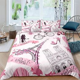 Bedding Sets Pink Eiffel Tower Duvet Cover Romantic Theme King Set Microfiber French Paris Cityscape Comforter For Kid Girl Boy
