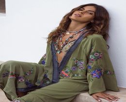 2019 Spring Outerwear Long Kimono Floral Embroidery Hand Made Maxi Hippie Bikini Green Cardigans Women Thin Jacket Dress Boho Kimo3425945