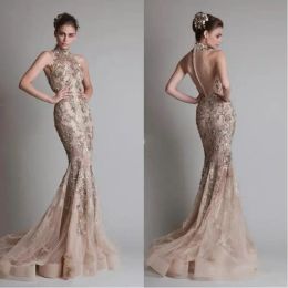 Zuhair Murad 2024 Evening Dresses High Neck Sweep Train Champagne Mermaid Prom Gowns Appliques Buttons Back Special Occasion Dress