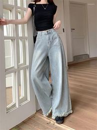 Women's Jeans Tassel Design Light Blue Wide Leg Pants American Style High Waisted Bottoms Casual Female Thin Denim Trousers 4XL