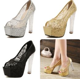 Fish Mouth High Heels European American Sexy Lace Summer Transparent Crystal Women's Thick Sandals Hollow Princess Shoes