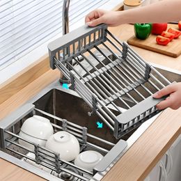 1pc Adjustable Dish Drainer Stainless Steel Sink Drain Rack Fruit Vegetable Drain Basket Kitchen Extendable Dish Drying Rack 240407