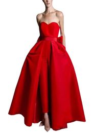 Women Jumpsuit Evening Dresses Plus Size 2022 Satin Bow Strapless Detachable Skirt Pantsuit Prom Dress Formal Gowns Open Back Cust3893031