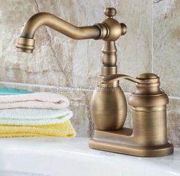 Bathroom Sink Faucets Retro Antique Brass Single Handle Wash Basin Mixer Taps / 2 Hole Deck Mounted Swivel Spout Vessel Wnf261