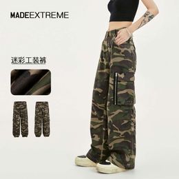 MADEEXTREME American Street Star Embroidered Letter Zipper Straight Leg Wide Leg Pants Camo Work Pants for Men and Women