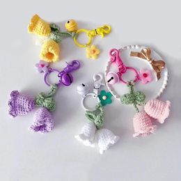 Keychains Women Handbag Charms Handmade Knitted Wind Chimes Flower Keyring Crocheted Bell Orchid Keychain With Bag Pendants Cute