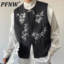 Men's Vests PFNW Embroidery Male Vest Chinese Style Round Collar Pleated Quilt Waistcoat Personality Fashion Spring 2024 9C4090