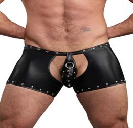 Punk Gothic Sexy PVC Shorts Men Black Wetlook Panties Hollow Out Gays Erotic Boxers Pole Dance Costume Faux Leather Game Uniform Y4139908