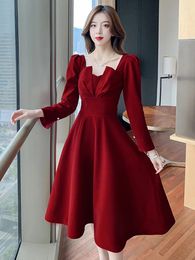 Casual Dresses Elegant Women Evening Dress Chic Temperament Red Square Collar Slim Pleated Midi Party Gown Christmas Robe Femme Mujer