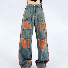 Women's Jeans Summer Splicing Colour Straight Slimming Street All-match Ripped Women 2024 Fashion Hip-hop Trendy High-waisted