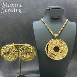 Necklace Earrings Set Dubai 24K Gold Plated Jewelry Round Texture Pendant Geometric Brazilian African Bridal Party Wedding Gifts