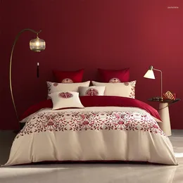 Bedding Sets 1000TC Long Staple Cotton Chic Embroidery Happiness Wedding Set Reversible Red Gold Duvet Cover Bed Sheet Pillowcases