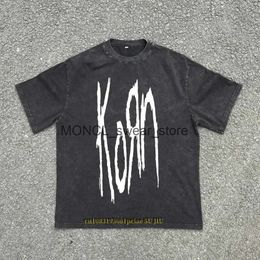 Men's T-Shirts High quality cotton T-shirt mens heavy-duty Korn Rock Band washed old thread high street design short sleeved H240408