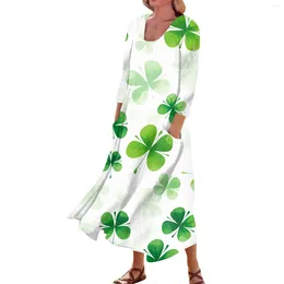 Casual Dresses Y2k Elegant St. Patrick'S Day Print Mid-Calf For Womens 2024 Round Neck 3/4 Sleeves Frocks Women Vestido De Noche
