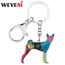 Keychains WEVENI Enamel Alloy Rhinestone Floral Basenji Dogs Fashion Pets Bag Key Chain Ring Jewelry For Women Girls Unique Gift