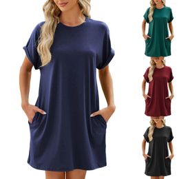 Casual Dresses Women's Solid Colour Round Neck Pocket Loose Short Sleeve Dress Petite Wrap For Women Summer