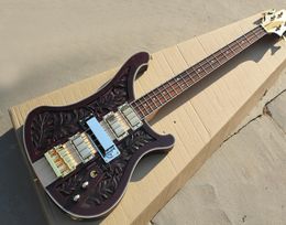 4 Strings Dark Brown Electric Bass Guitar with Engraving Pattern4 PickupsGold Hardwares8612043