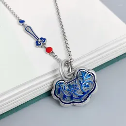 Chains Original 925 Silver Faceted Blue Orchid Enamel Ruyi Necklace For Women Exquisite Pendant Charms Clavicle Chain Banquet Jewelry