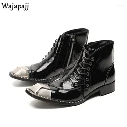 Boots Style Metal Pointed Toe Men Leather Ankle Side Lace Up And Zipper Male Black High Top Ballroom Party Short Shoes