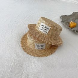 Summer Kids Straw Hat With Label Korea Style Wheat Straw Top Hat Boys Girls Sun Visor Hat Sunscreen Holiday Child Beach Hat 240401