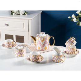 Teaware Sets Pink Diamond Gold Trim Bone China Nordic Teapot Set Ceramic Coffee Cup 15pcs Coffeeware With Saucer Milk Pot Giftbox