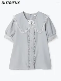 Women's Blouses Lace Ruffled Single-Breasted Bow Cute Sweet Mine Shirt Summer Doll Collar Solid Colour Kawaii Girls All-matching Top Blouse