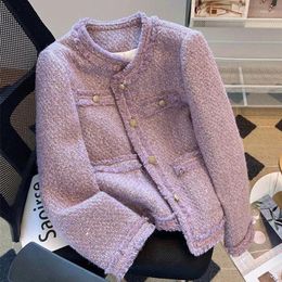 Women's Jackets INS Frence Purple Gentle Lady Tweed Jacket O-neck Button Up Short Coat For Women All-match Autumn Winter Outerwear Korean