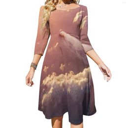 Casual Dresses Reverie Flare Dress Square Neck Elegant Female Fashion Printed Polar Bear Float Sky Cloudscape Heavenly