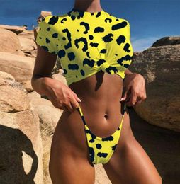 marchwind brand knot crop top bikini leopard swimwear women bathers yellow push up swimsuit female tshirt thong bikini sexy bathin1028061
