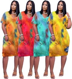 Woman clothing Plus Size Dresses Tie Dye Short Sleeve long skirt Pocket women Leopard Print Letter Casual Clothes S3XL1952250