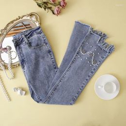 Women's Jeans Waist Women In Spring And Summer Tassel Flash Show Thin Heavy Beading Bootleg Nine Minutes Of Pants