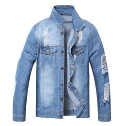 Mens Ripped Casual Denim Jackets Coats Solid Colour Pleated Jeans Jackets For Male Size S-2XL 240319