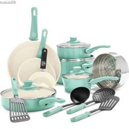 Cookware Sets Soft grip healthy ceramic tick free 16 piece kitchen utensil pot and omelette pan set PFAS free dishwasher safe turquoiseL2403
