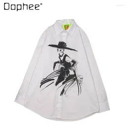 Women's Blouses Hand-Painted Character Printed Polo Collar Long-Sleeved Shirt 2024 Spring Fashion Brand Casual White Blouse Women