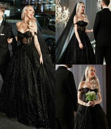 New Gothic Black Wedding Dresses 2021 Sexy Off Shoulder Sparkly Sequins Lace Appliqued Vintage Bridal Gowns Long Train Retro Winte6057444