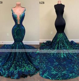 Green Sparkly Sequin Long Mermaid Prom Dresses 2022 Sleeveless African Black Girls Mermaid Formal Evening Gala Gowns Custom B050702818237