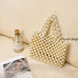 Drawstring White Gold Beaded Handbag Handmade Vintage Fashion Banquet Party Tote Hand Bag Female Wedding Bags Pearl Luxury Women's Purse