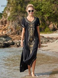 Casual Dresses Oversize Red Embroidery V-neck Short Sleeve Summer Beach Dress Plus Size Tunic Women Beachwear Batwing Long Q790