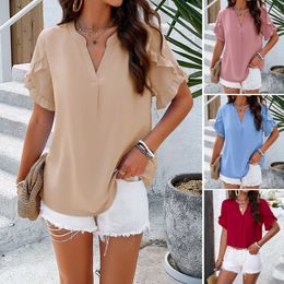 Women's V-Neck Business Casual Blouse Work Tops With Half Sleeves Solid V-neck Short Sleeved Top