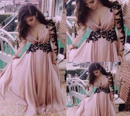 Long Sleeves Black Lace Appliques Evening Dresses Dusty Pink Chiffon Prom Party Dresses Aline Deep Vneck Plunging Designer Prom 1610341