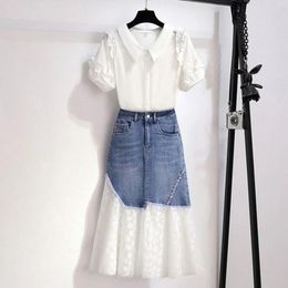 Work Dresses Lace Patchwork Denim Skirt White Pleated Edge Design Shirts Top Two-Piece Set Women's Summer Sweet And Trendy Outfits