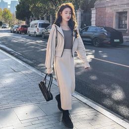 Work Dresses Hoodie Coat And Skirt Two Piece Sets 2024 Spring Women Elegant Casual Slim Korean Style Zipper Short Hooded Jacket Suits 0017