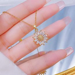 Pendant Necklaces Classic Sweet Zircon Crystal Sunflower Stainless Steel For Women Korean Fashion Sexy Female Clavicle Chain