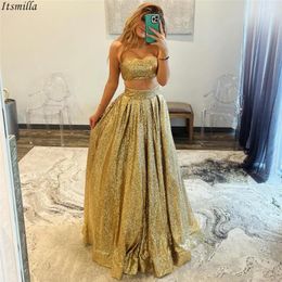 Party Dresses Itsmilla Strapless Sequin Two-piece Evening With Pockets Woman Elegant Gold A-line Backless Long Formal Prom Dress