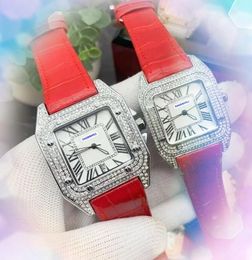 Full Diamonds Ring Quartz Movement Watch 40mm 34mm Women Men Square Roman Tank Dial Clock Red Black Blue White Cow Leather Strap Automatic Date Wristwatch Gifts